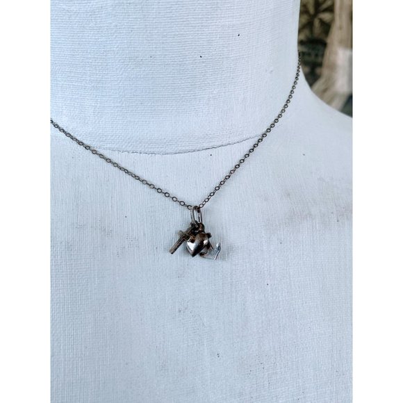 Antique Sterling Charm Necklace Puffy heart, Cross, Anchor - Picture 2 of 11